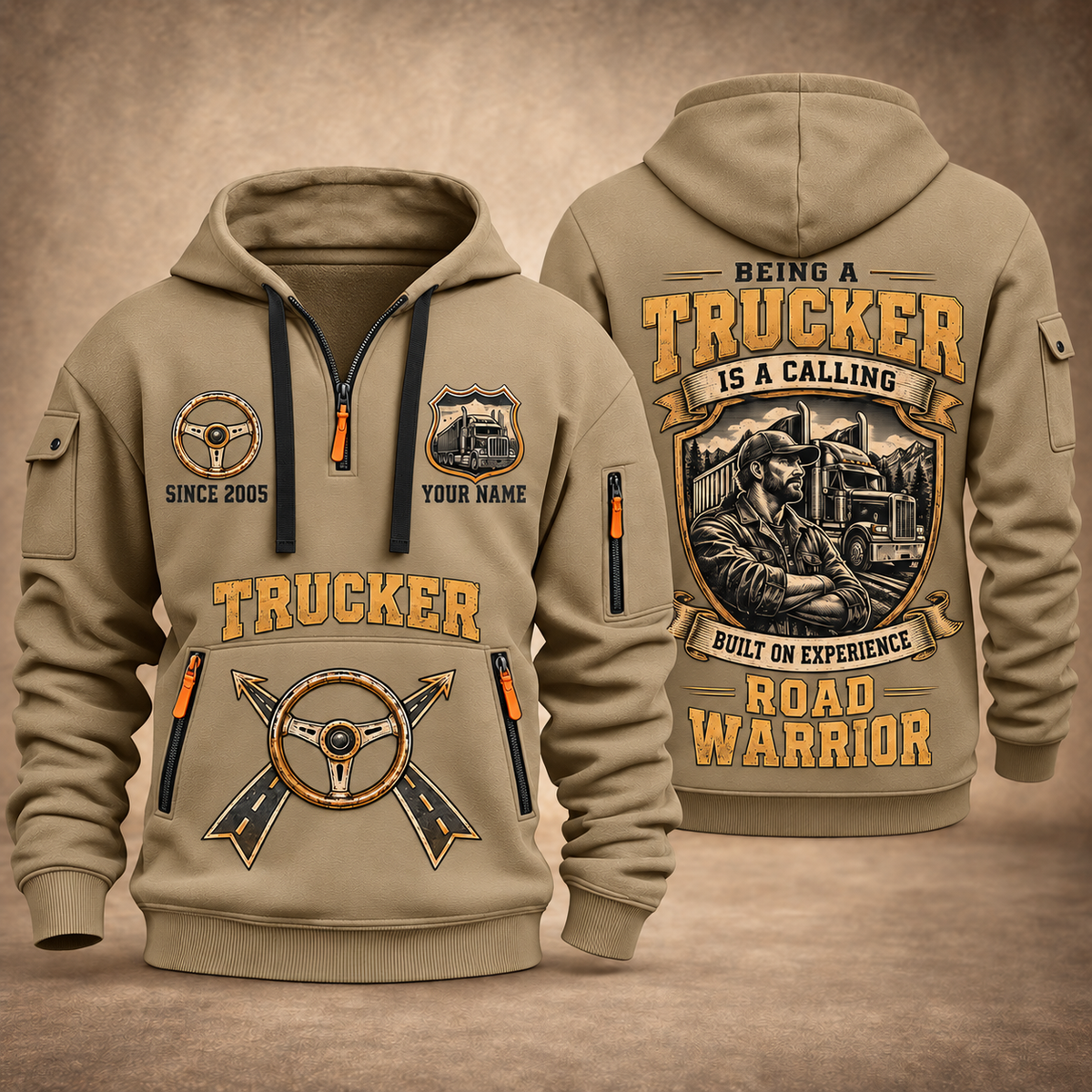 Trucker Calling of the Road quarter-zip hoodie in Khaki, front and back, YOUR NAME and SINCE 2005 artwork
