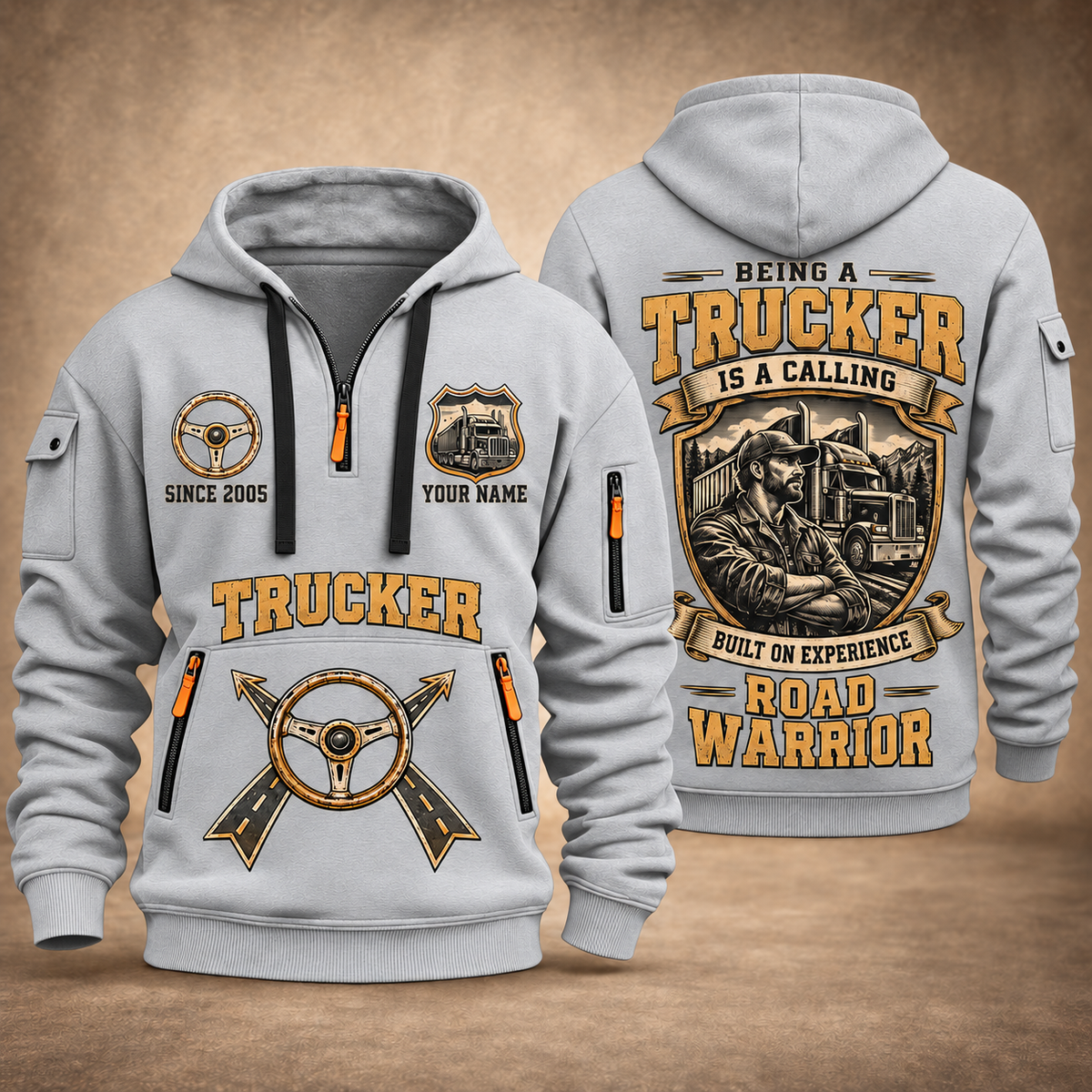 Trucker Calling of the Road quarter-zip hoodie in Light Grey, front and back, YOUR NAME and SINCE 2005 artwork
