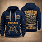 Trucker Calling of the Road quarter-zip hoodie in Navy, front and back, YOUR NAME and SINCE 2005 artwork