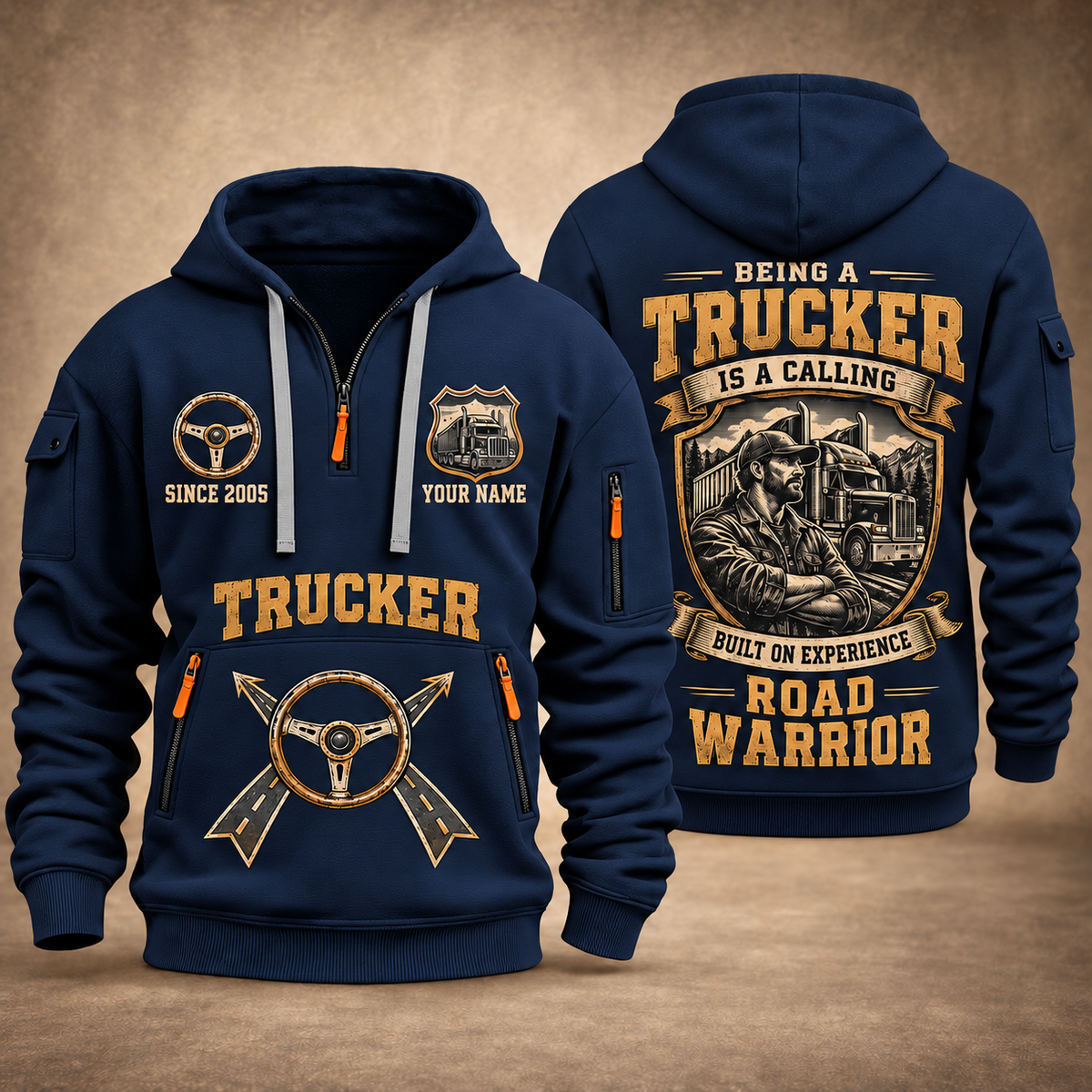 Trucker Calling of the Road quarter-zip hoodie in Navy, front and back, YOUR NAME and SINCE 2005 artwork