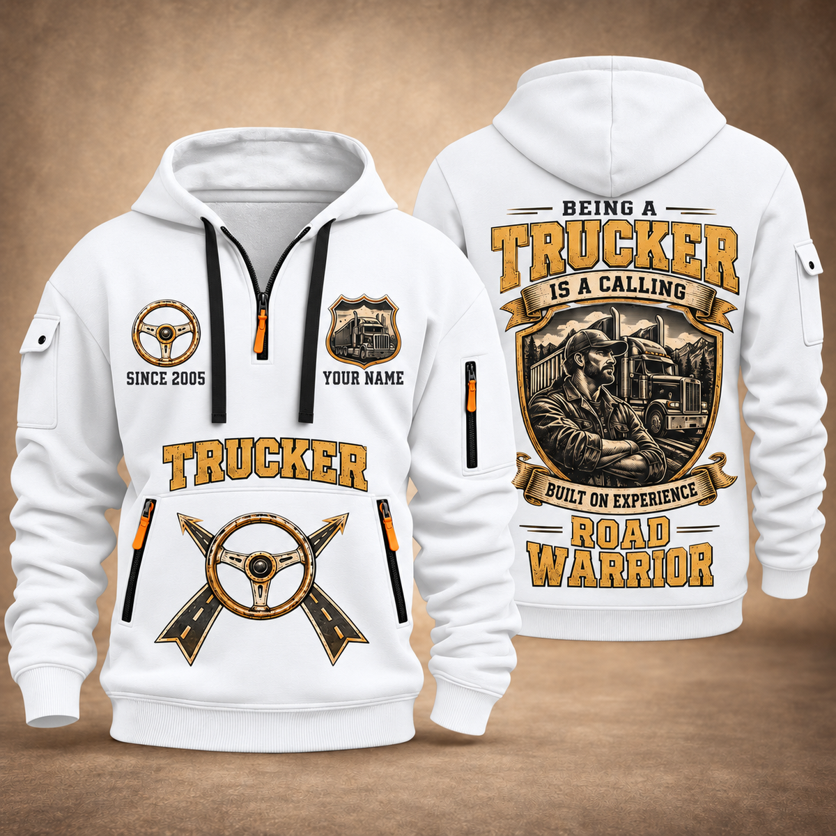 Trucker Calling of the Road quarter-zip hoodie in White, front and back, YOUR NAME and SINCE 2005 artwork
