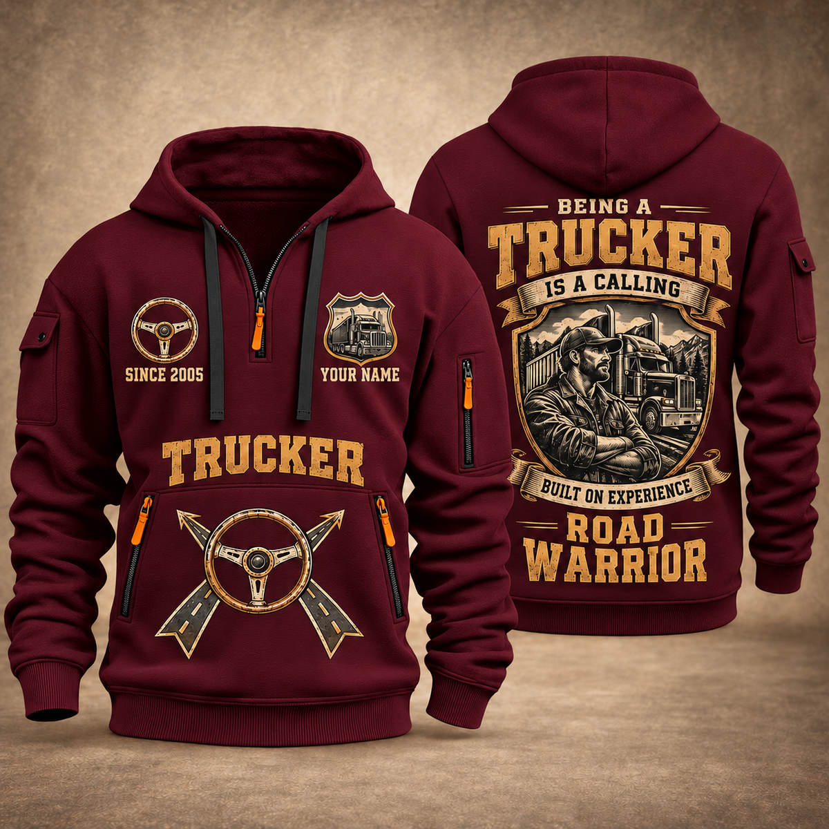 Trucker Calling of the Road quarter-zip hoodie in Wine Red, front and back, YOUR NAME and SINCE 2005 artwork