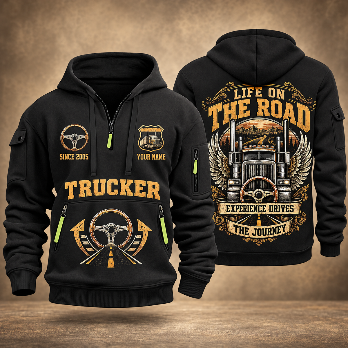 Trucker Heart of the Highway quarter-zip hoodie in Black, front and back, YOUR NAME and SINCE 2005 artwork