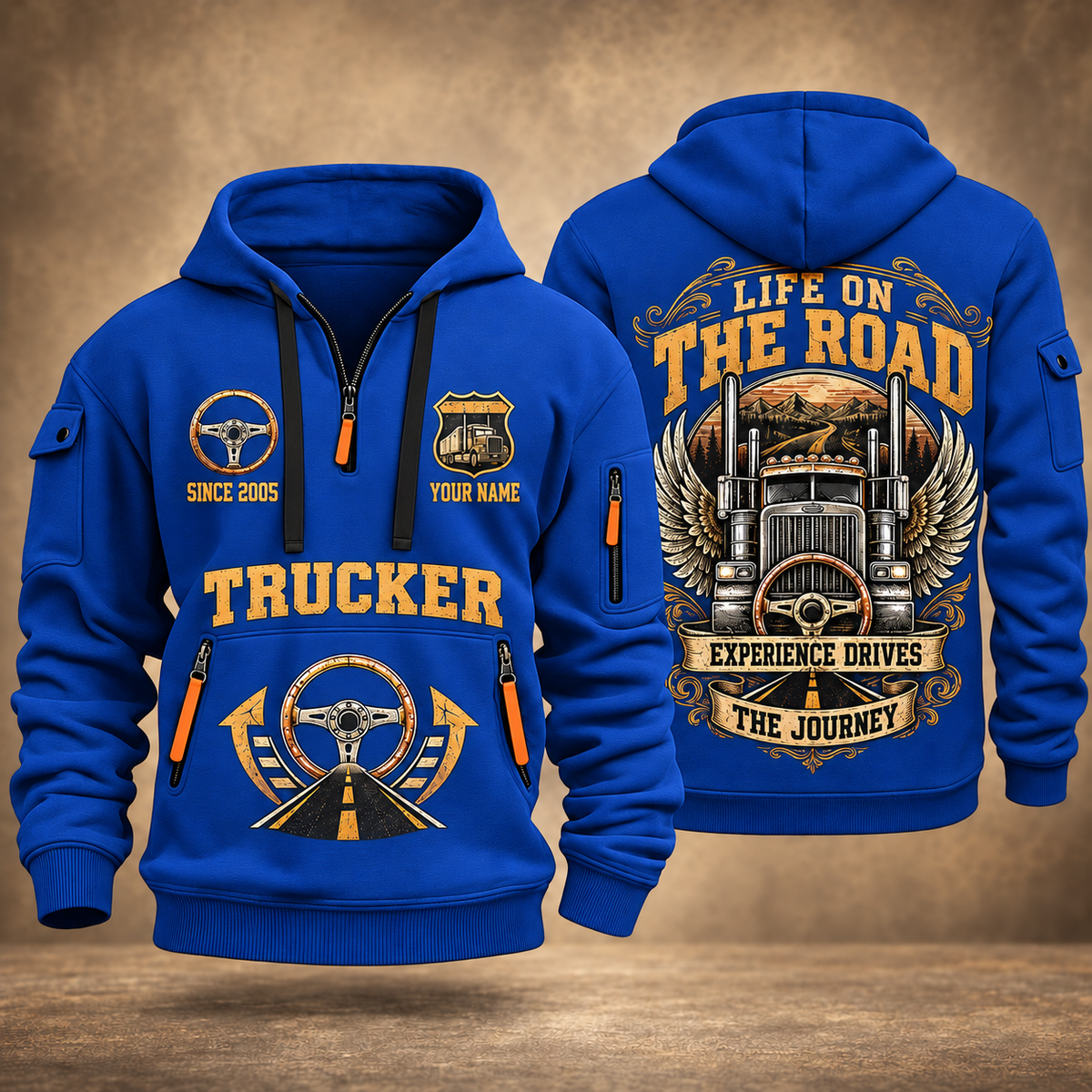 Trucker Heart of the Highway quarter-zip hoodie in Blue, front and back, YOUR NAME and SINCE 2005 artwork