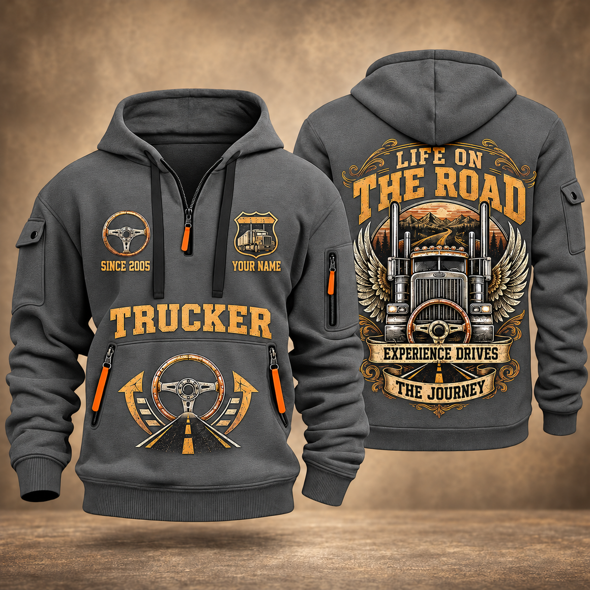 Trucker Heart of the Highway quarter-zip hoodie in Gray, front and back, YOUR NAME and SINCE 2005 artwork