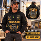 Trucker wearing Heart of the Highway quarter-zip hoodie in their workplace; product introduction and shopping call to action