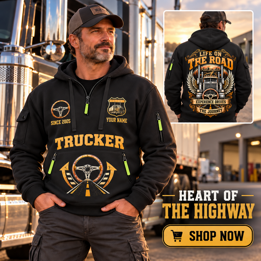 Trucker wearing Heart of the Highway quarter-zip hoodie in their workplace; product introduction and shopping call to action