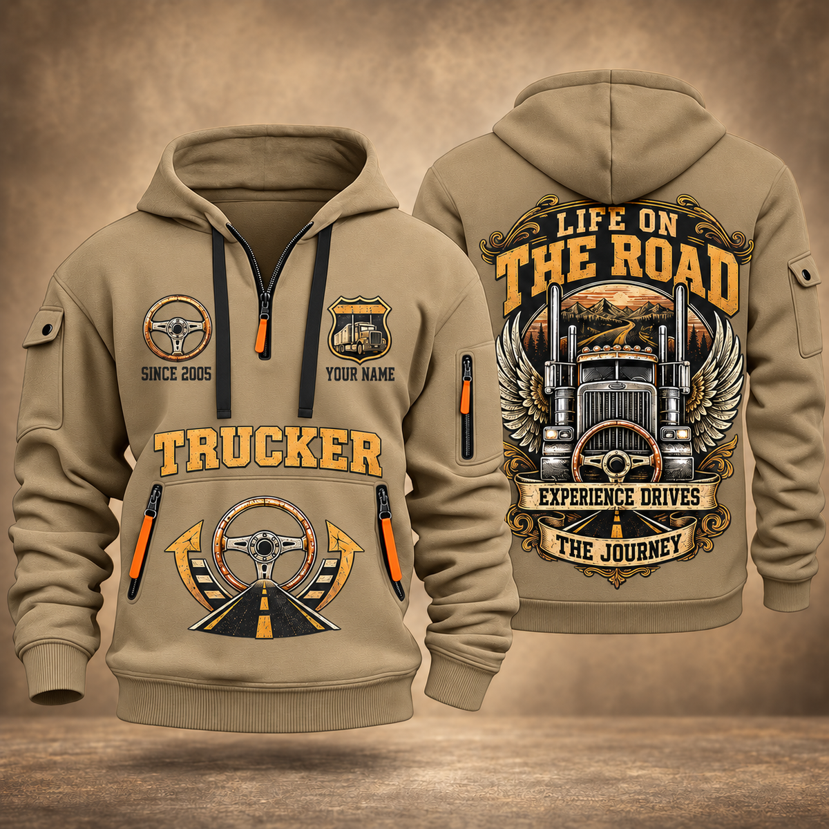 Trucker Heart of the Highway quarter-zip hoodie in Khaki, front and back, YOUR NAME and SINCE 2005 artwork