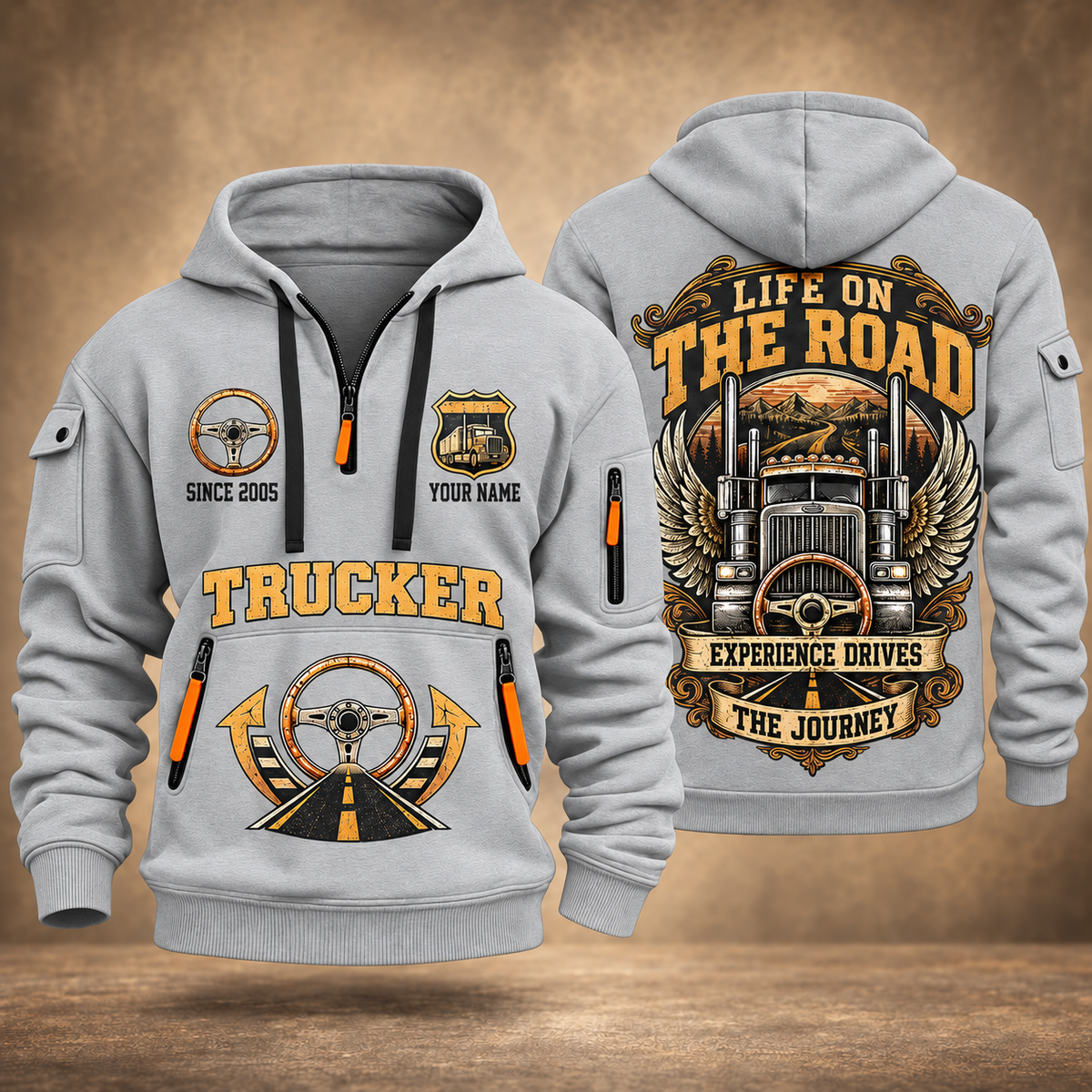 Trucker Heart of the Highway quarter-zip hoodie in Light Grey, front and back, YOUR NAME and SINCE 2005 artwork