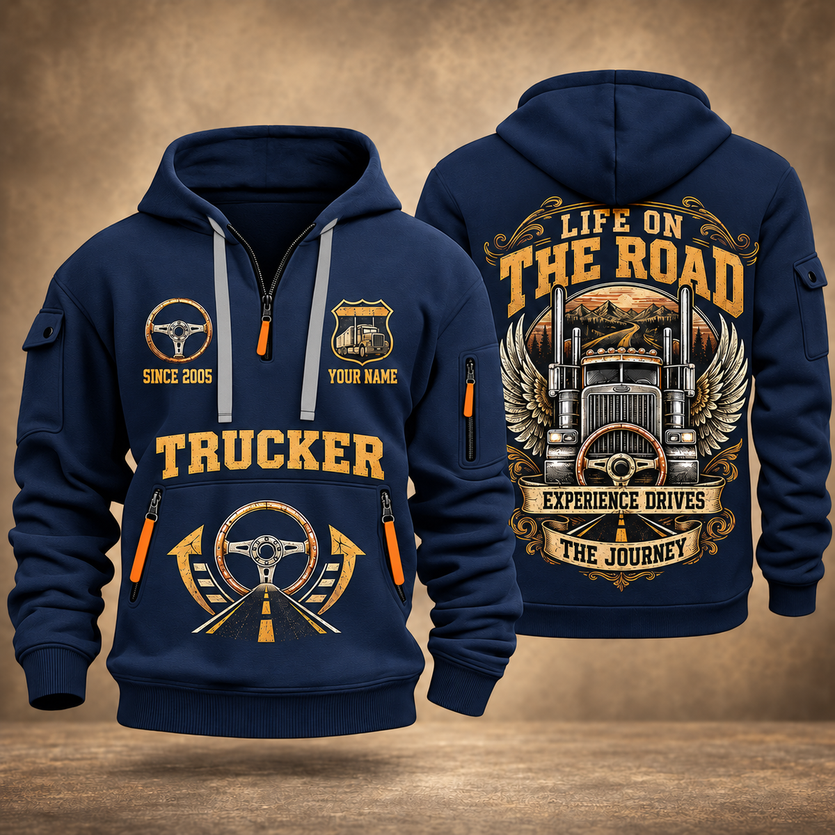 Trucker Heart of the Highway quarter-zip hoodie in Navy, front and back, YOUR NAME and SINCE 2005 artwork