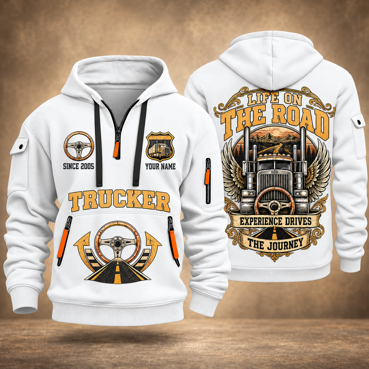 Trucker Heart of the Highway quarter-zip hoodie in White, front and back, YOUR NAME and SINCE 2005 artwork