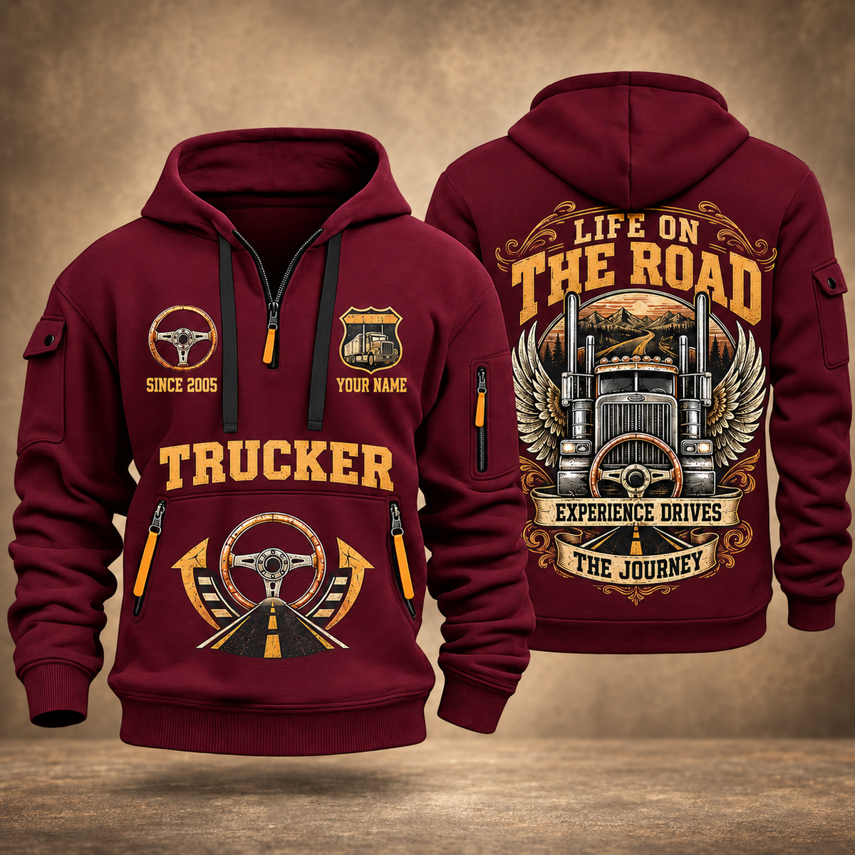 Trucker Heart of the Highway quarter-zip hoodie in Wine Red, front and back, YOUR NAME and SINCE 2005 artwork