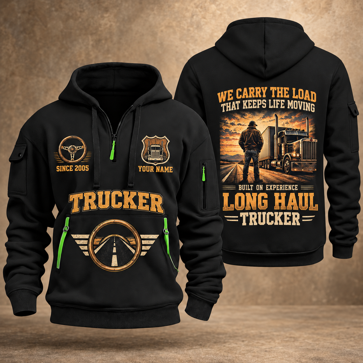 Trucker Why We Drive quarter-zip hoodie in Black, front and back, YOUR NAME and SINCE 2005 artwork