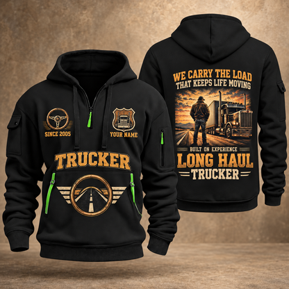 Trucker Why We Drive quarter-zip hoodie in Black, front and back, YOUR NAME and SINCE 2005 artwork