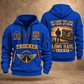 Trucker Why We Drive quarter-zip hoodie in Blue, front and back, YOUR NAME and SINCE 2005 artwork