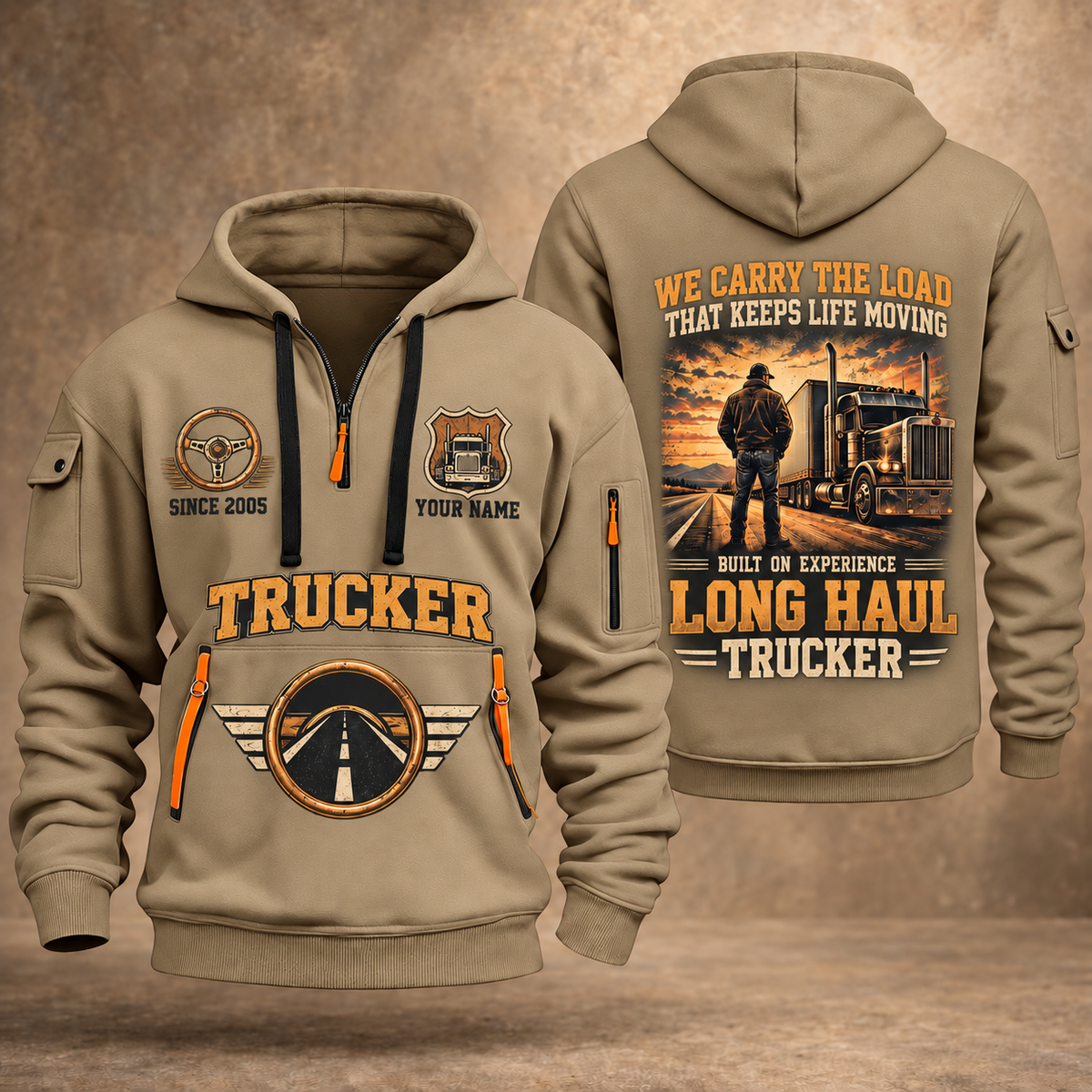 Trucker Why We Drive quarter-zip hoodie in Khaki, front and back, YOUR NAME and SINCE 2005 artwork