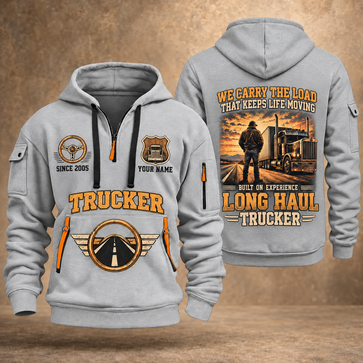 Trucker Why We Drive quarter-zip hoodie in Light Grey, front and back, YOUR NAME and SINCE 2005 artwork