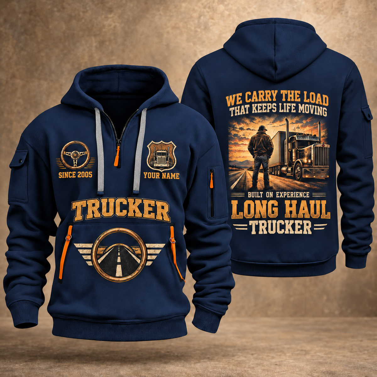Trucker Why We Drive quarter-zip hoodie in Navy, front and back, YOUR NAME and SINCE 2005 artwork