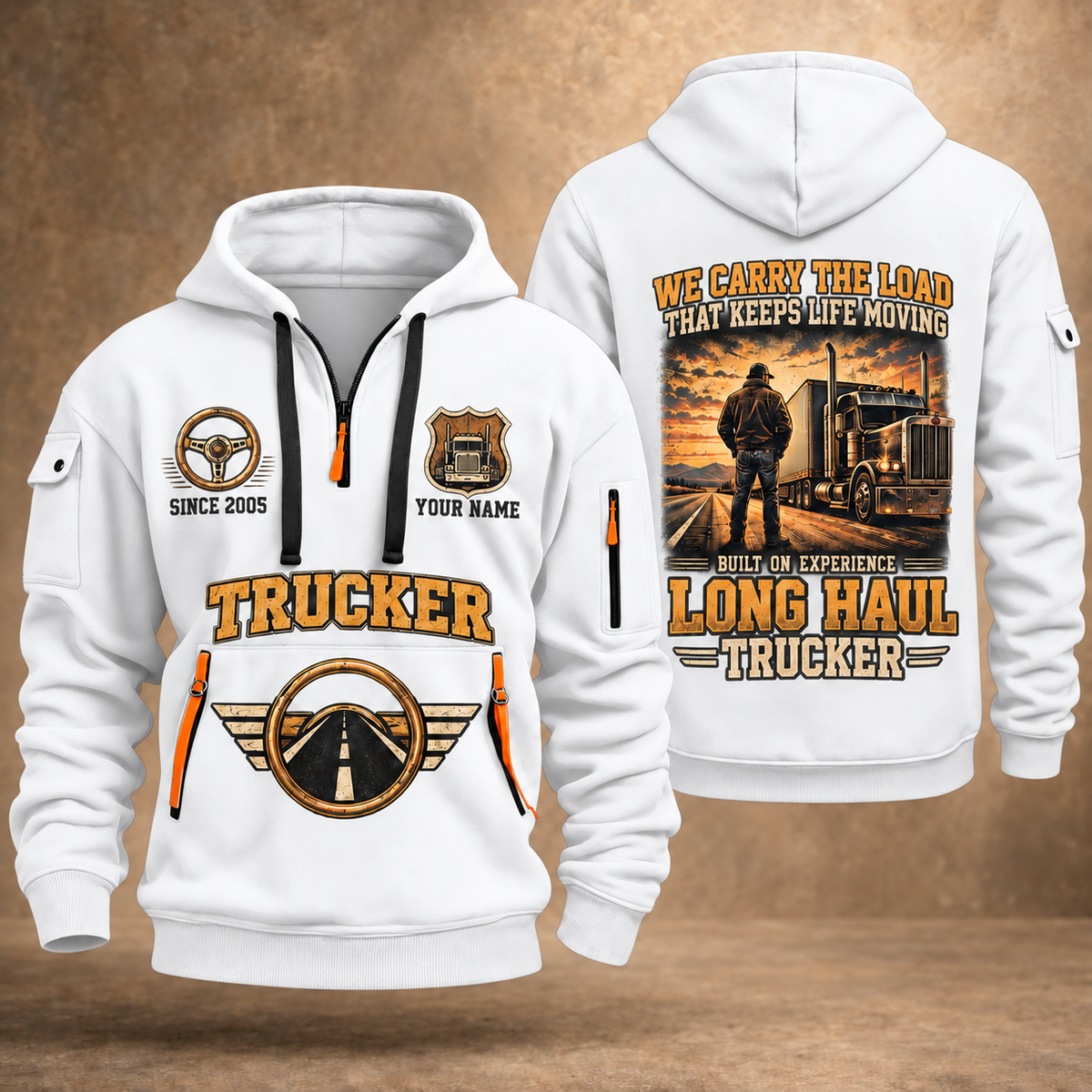 Trucker Why We Drive quarter-zip hoodie in White, front and back, YOUR NAME and SINCE 2005 artwork