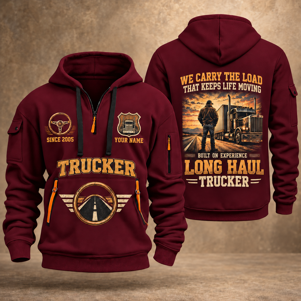Trucker Why We Drive quarter-zip hoodie in Wine Red, front and back, YOUR NAME and SINCE 2005 artwork