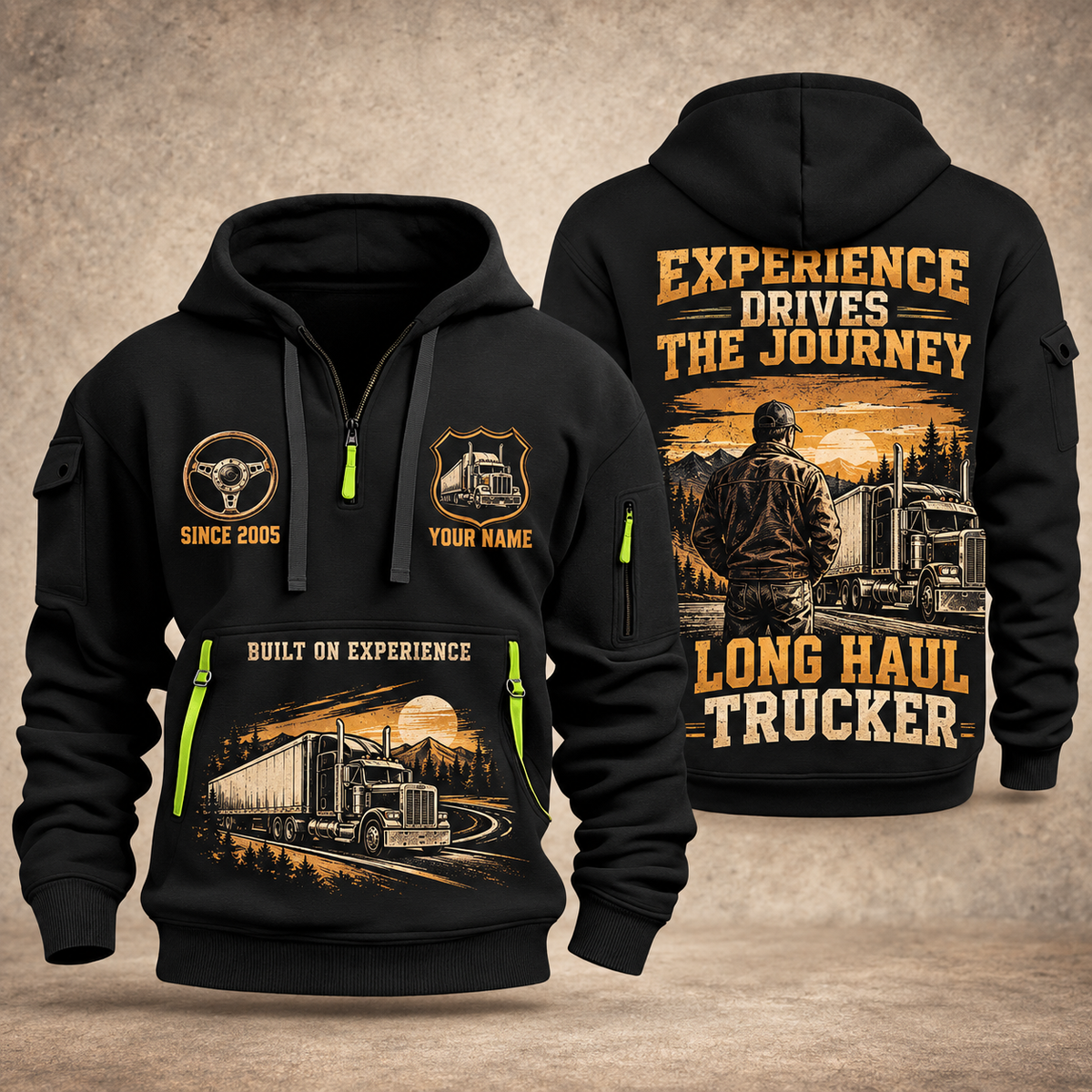Trucker Walked the Highway quarter-zip hoodie in Black, front and back, YOUR NAME and SINCE 2005 artwork