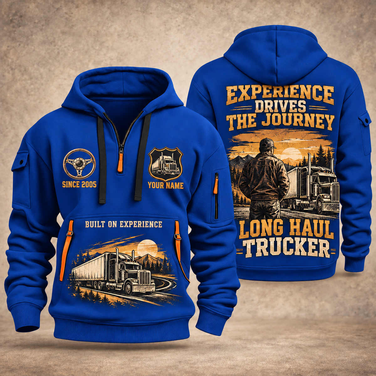 Trucker Walked the Highway quarter-zip hoodie in Blue, front and back, YOUR NAME and SINCE 2005 artwork