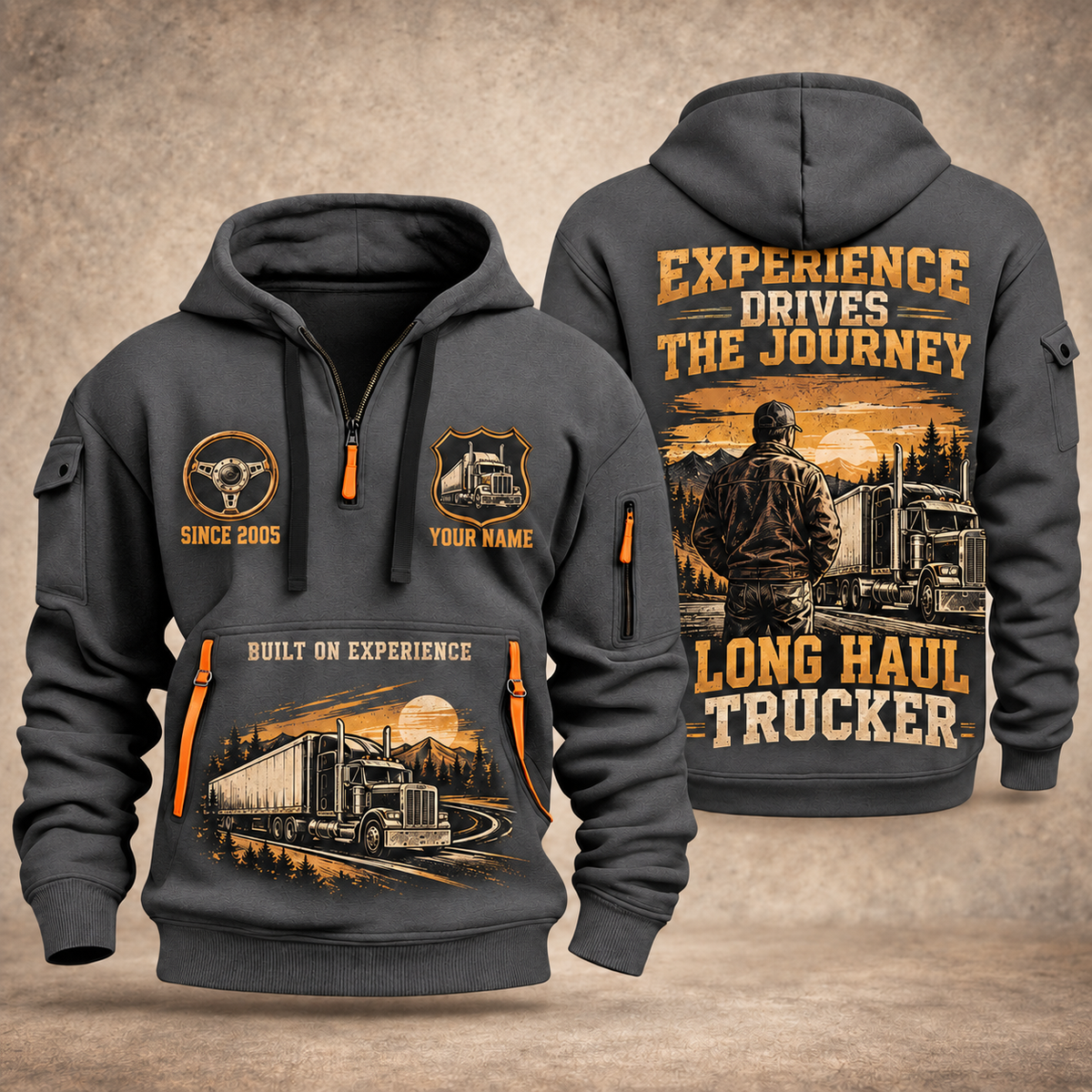 Trucker Walked the Highway quarter-zip hoodie in Gray, front and back, YOUR NAME and SINCE 2005 artwork