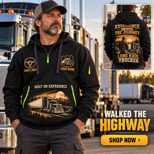 Trucker wearing Walked the Highway quarter-zip hoodie in their workplace; product introduction and shopping call to action