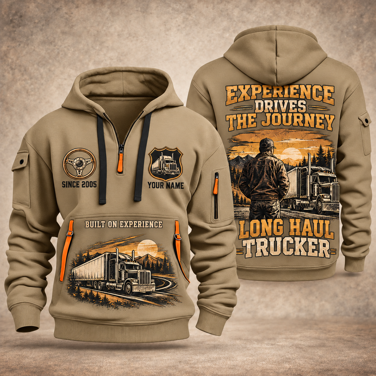 Trucker Walked the Highway quarter-zip hoodie in Khaki, front and back, YOUR NAME and SINCE 2005 artwork