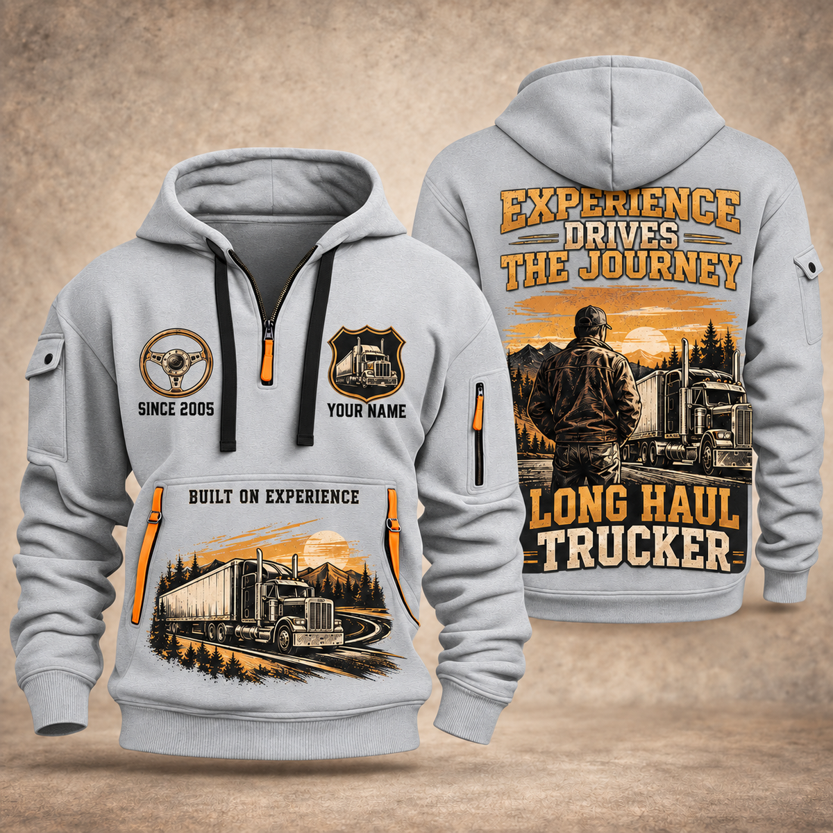 Trucker Walked the Highway quarter-zip hoodie in Light Grey, front and back, YOUR NAME and SINCE 2005 artwork