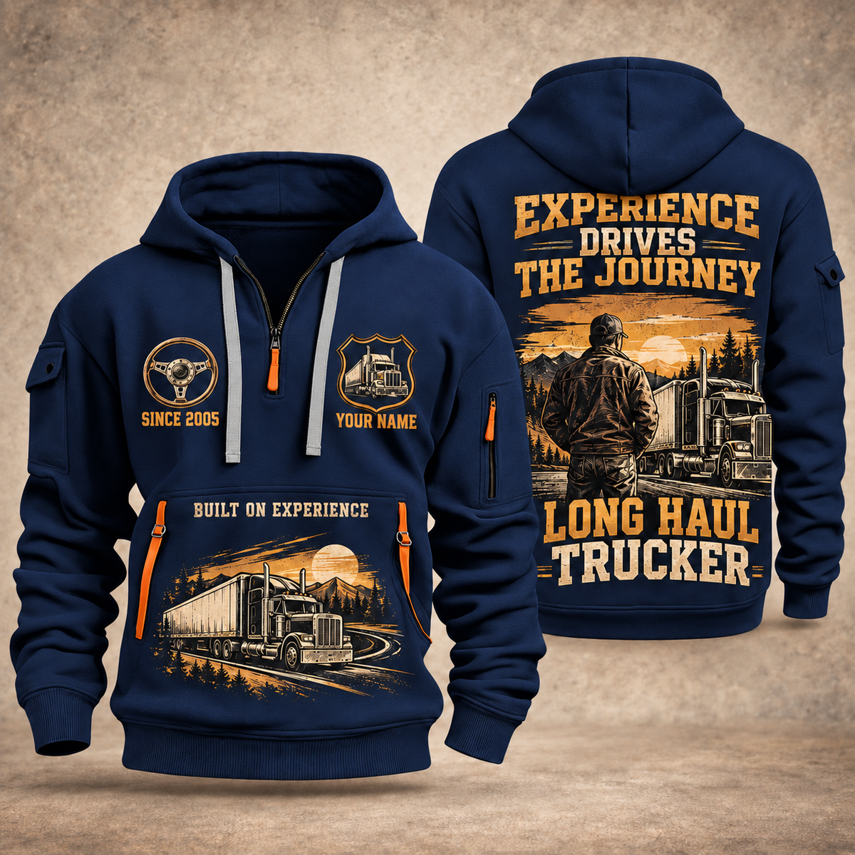 Trucker Walked the Highway quarter-zip hoodie in Navy, front and back, YOUR NAME and SINCE 2005 artwork