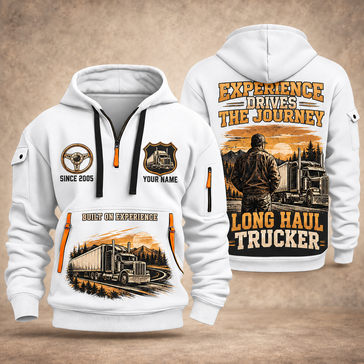 Trucker Walked the Highway quarter-zip hoodie in White, front and back, YOUR NAME and SINCE 2005 artwork
