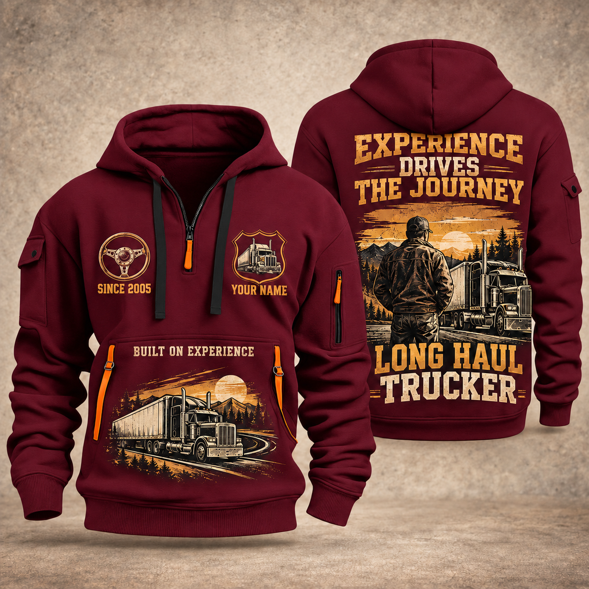 Trucker Walked the Highway quarter-zip hoodie in Wine Red, front and back, YOUR NAME and SINCE 2005 artwork