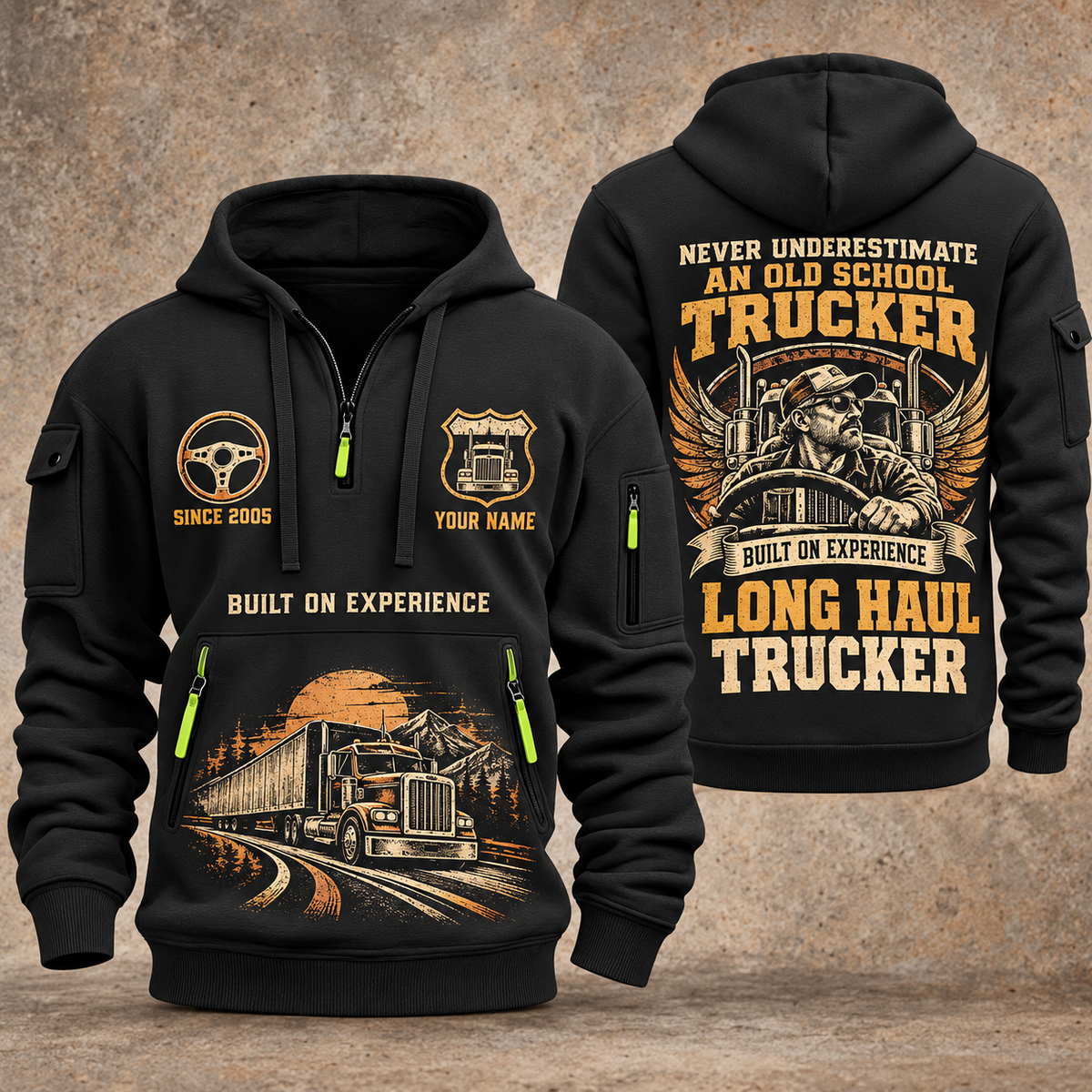Trucker Old School Trucker quarter-zip hoodie in Black, front and back, YOUR NAME and SINCE 2005 artwork