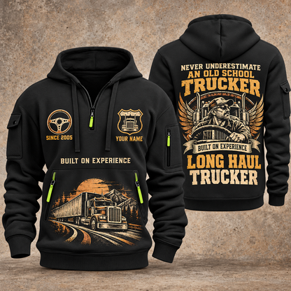 Trucker Old School Trucker quarter-zip hoodie in Black, front and back, YOUR NAME and SINCE 2005 artwork