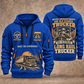 Trucker Old School Trucker quarter-zip hoodie in Blue, front and back, YOUR NAME and SINCE 2005 artwork
