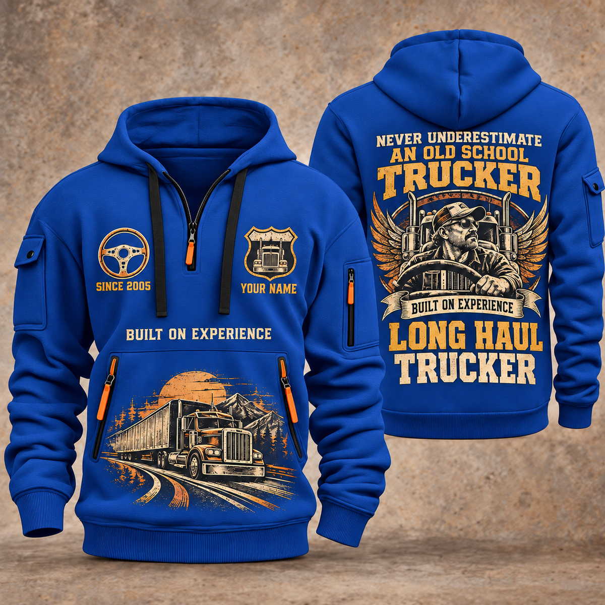 Trucker Old School Trucker quarter-zip hoodie in Blue, front and back, YOUR NAME and SINCE 2005 artwork