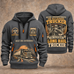 Trucker Old School Trucker quarter-zip hoodie in Gray, front and back, YOUR NAME and SINCE 2005 artwork