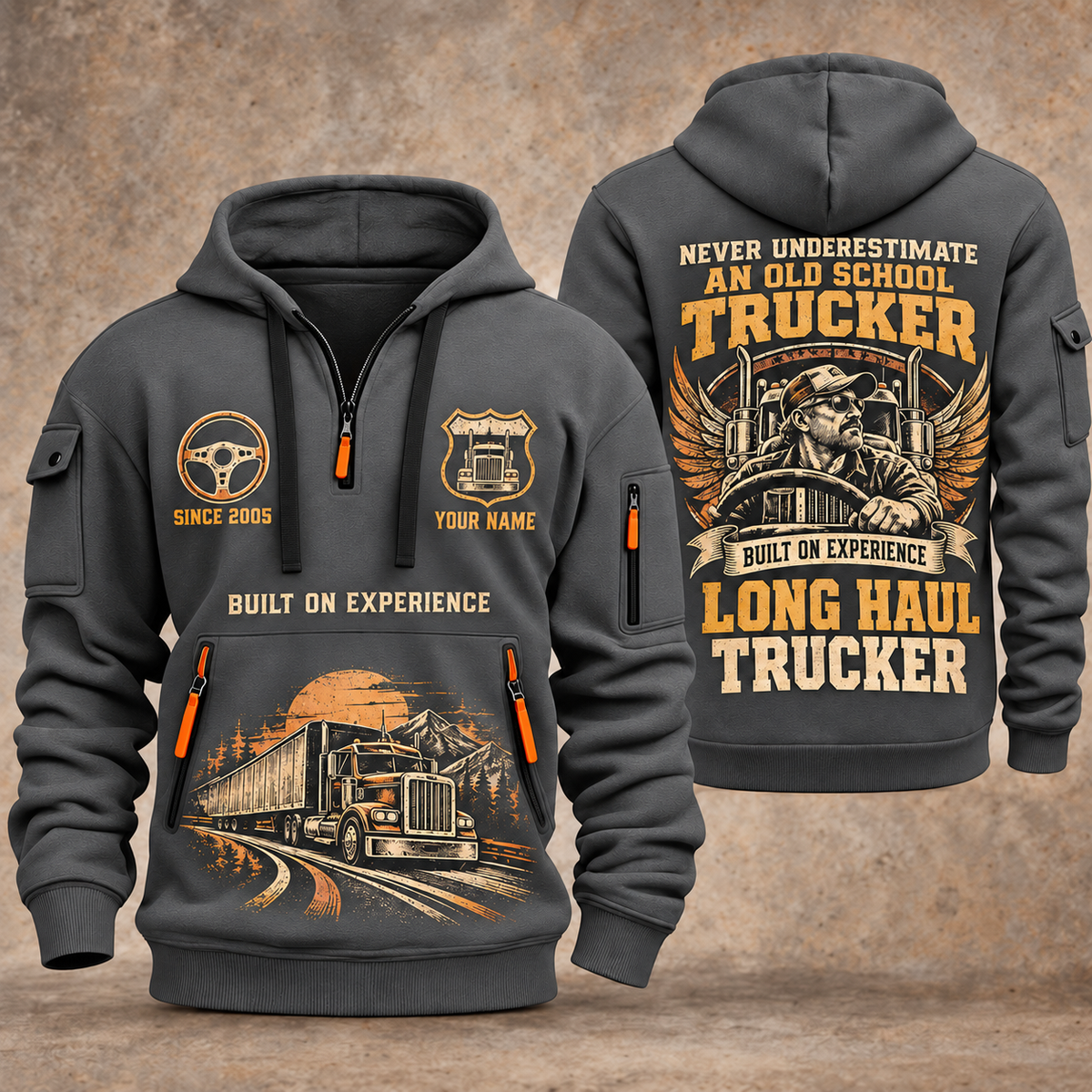 Trucker Old School Trucker quarter-zip hoodie in Gray, front and back, YOUR NAME and SINCE 2005 artwork