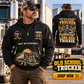 Trucker wearing Old School Trucker quarter-zip hoodie in their workplace; product introduction and shopping call to action