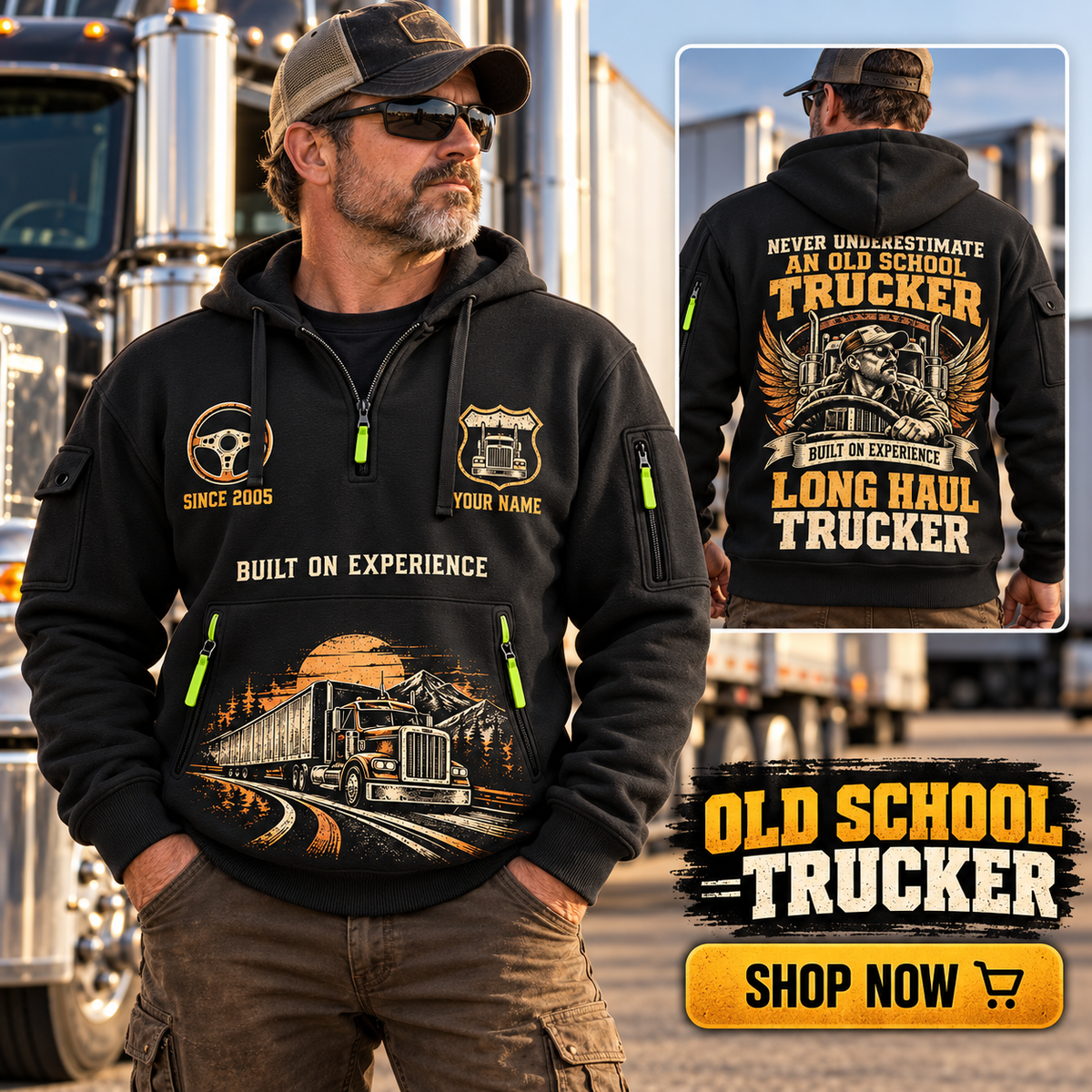 Trucker wearing Old School Trucker quarter-zip hoodie in their workplace; product introduction and shopping call to action