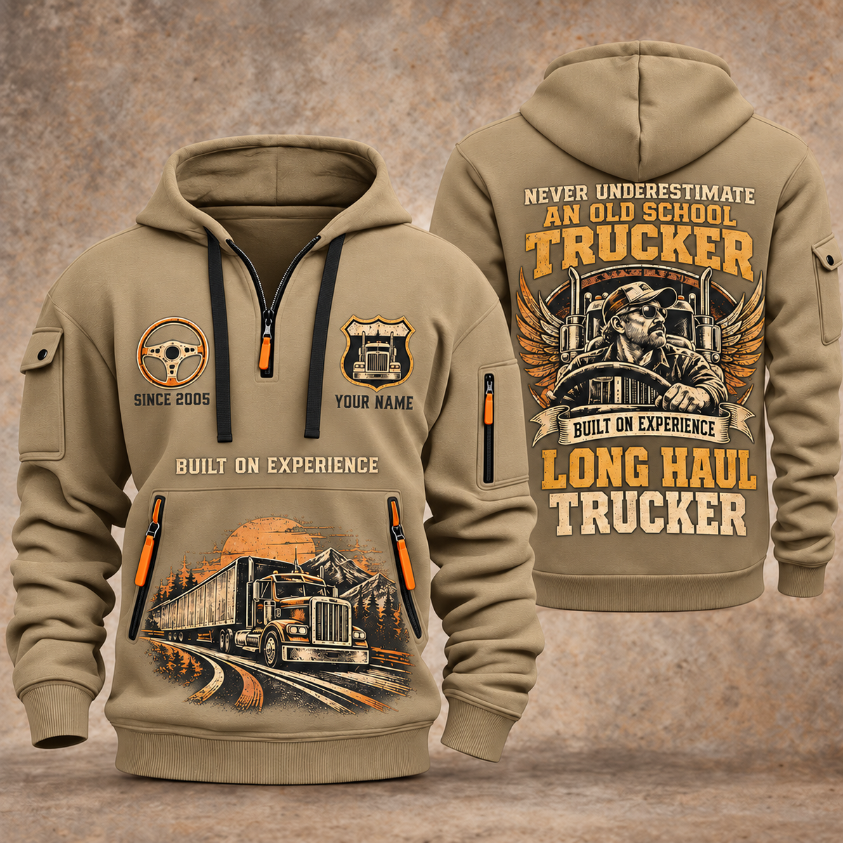 Trucker Old School Trucker quarter-zip hoodie in Khaki, front and back, YOUR NAME and SINCE 2005 artwork