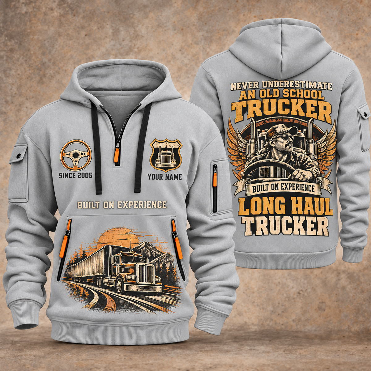 Trucker Old School Trucker quarter-zip hoodie in Light Grey, front and back, YOUR NAME and SINCE 2005 artwork