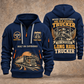 Trucker Old School Trucker quarter-zip hoodie in Navy, front and back, YOUR NAME and SINCE 2005 artwork