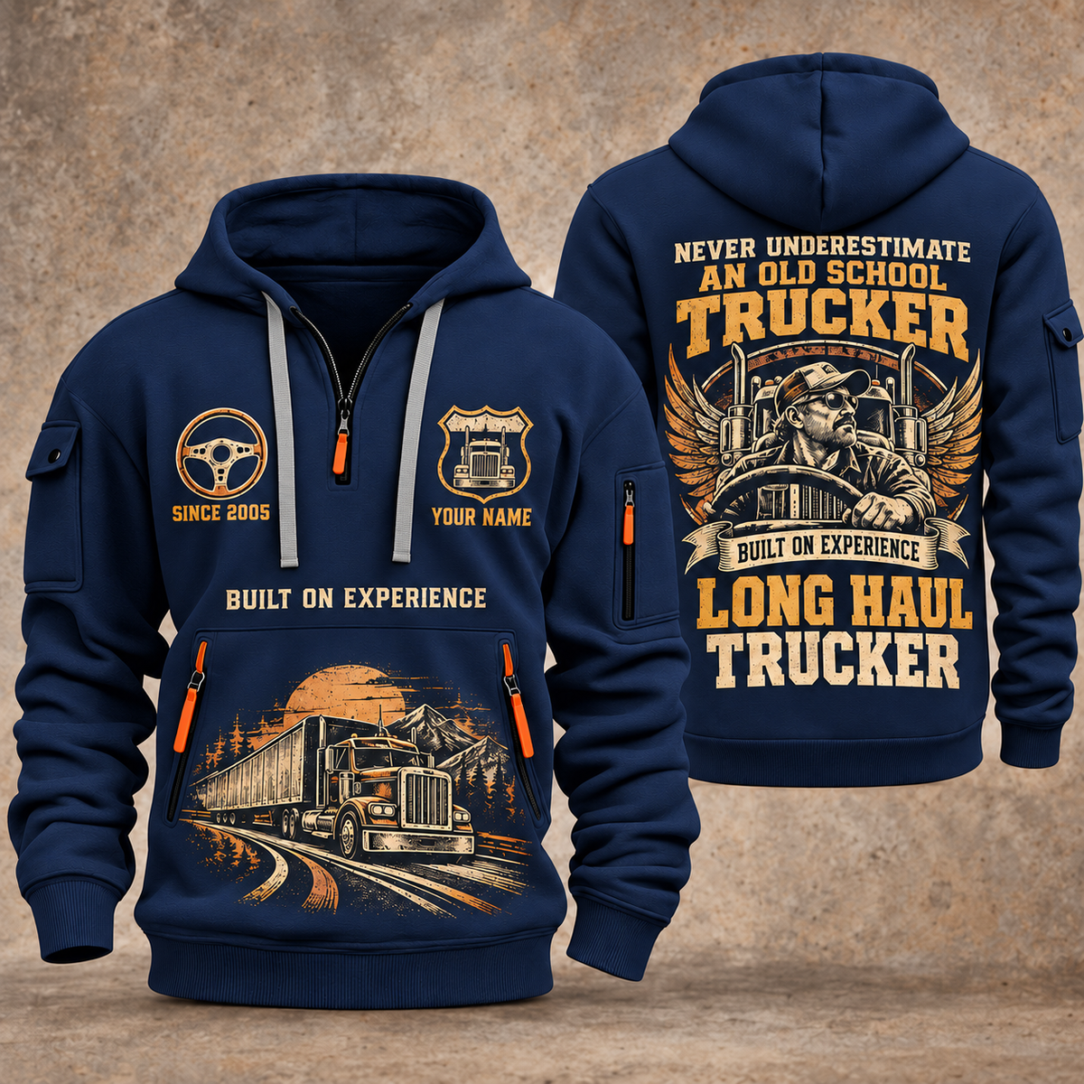 Trucker Old School Trucker quarter-zip hoodie in Navy, front and back, YOUR NAME and SINCE 2005 artwork