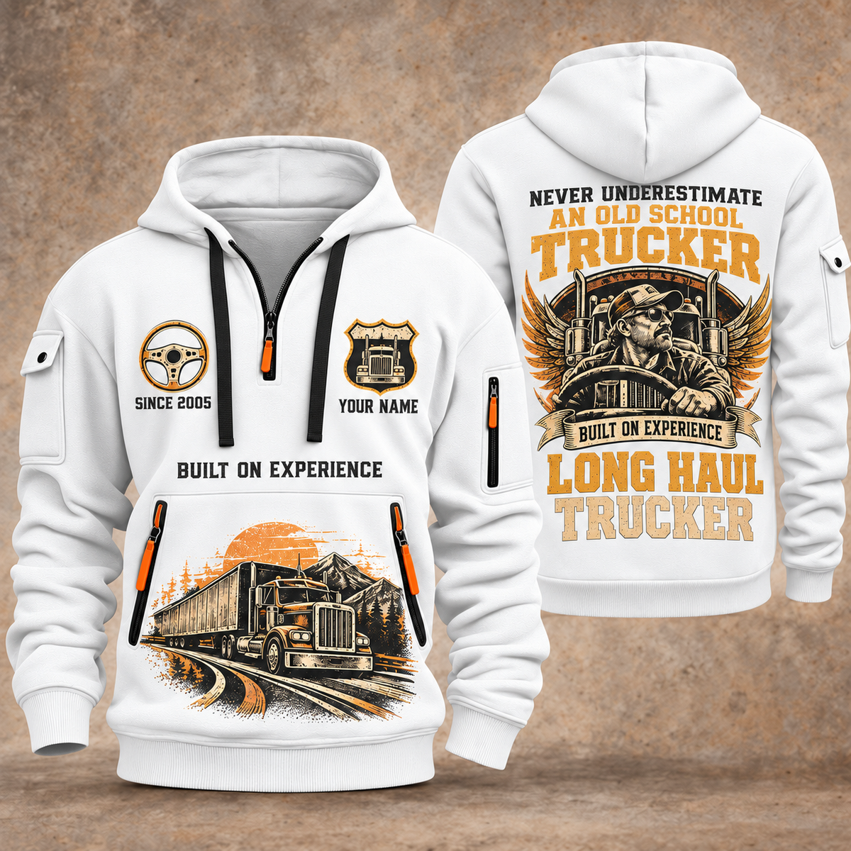 Trucker Old School Trucker quarter-zip hoodie in White, front and back, YOUR NAME and SINCE 2005 artwork
