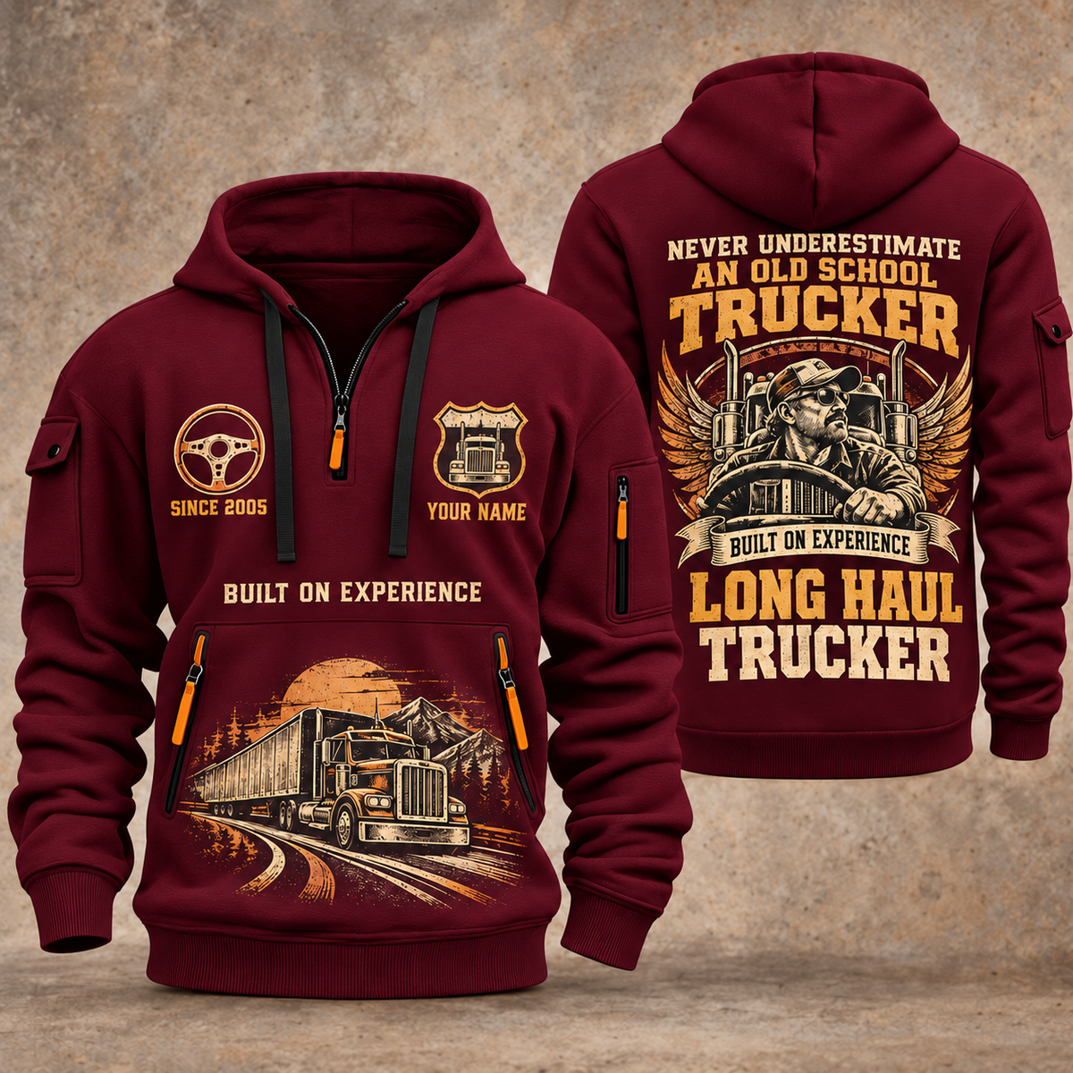 Trucker Old School Trucker quarter-zip hoodie in Wine Red, front and back, YOUR NAME and SINCE 2005 artwork