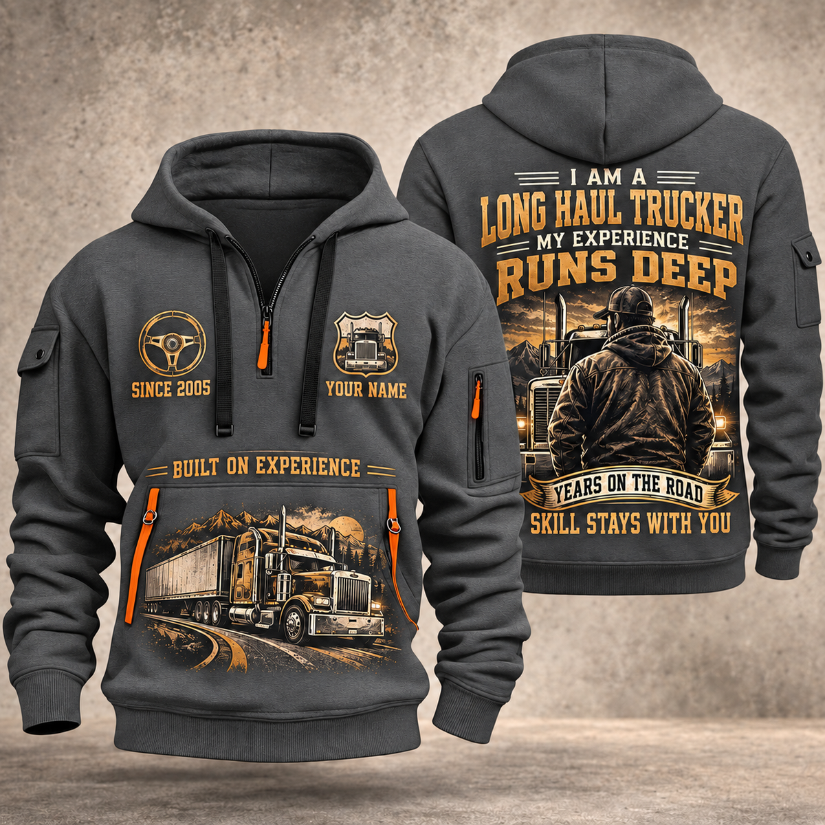 Trucker Miles of Experience quarter-zip hoodie in Gray, front and back, YOUR NAME and SINCE 2005 artwork