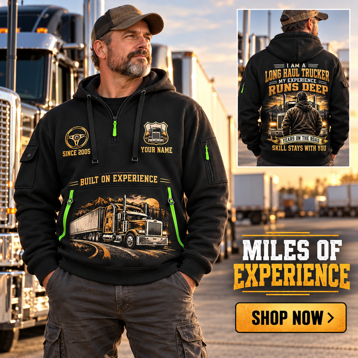 Trucker wearing Miles of Experience quarter-zip hoodie in their workplace; product introduction and shopping call to action