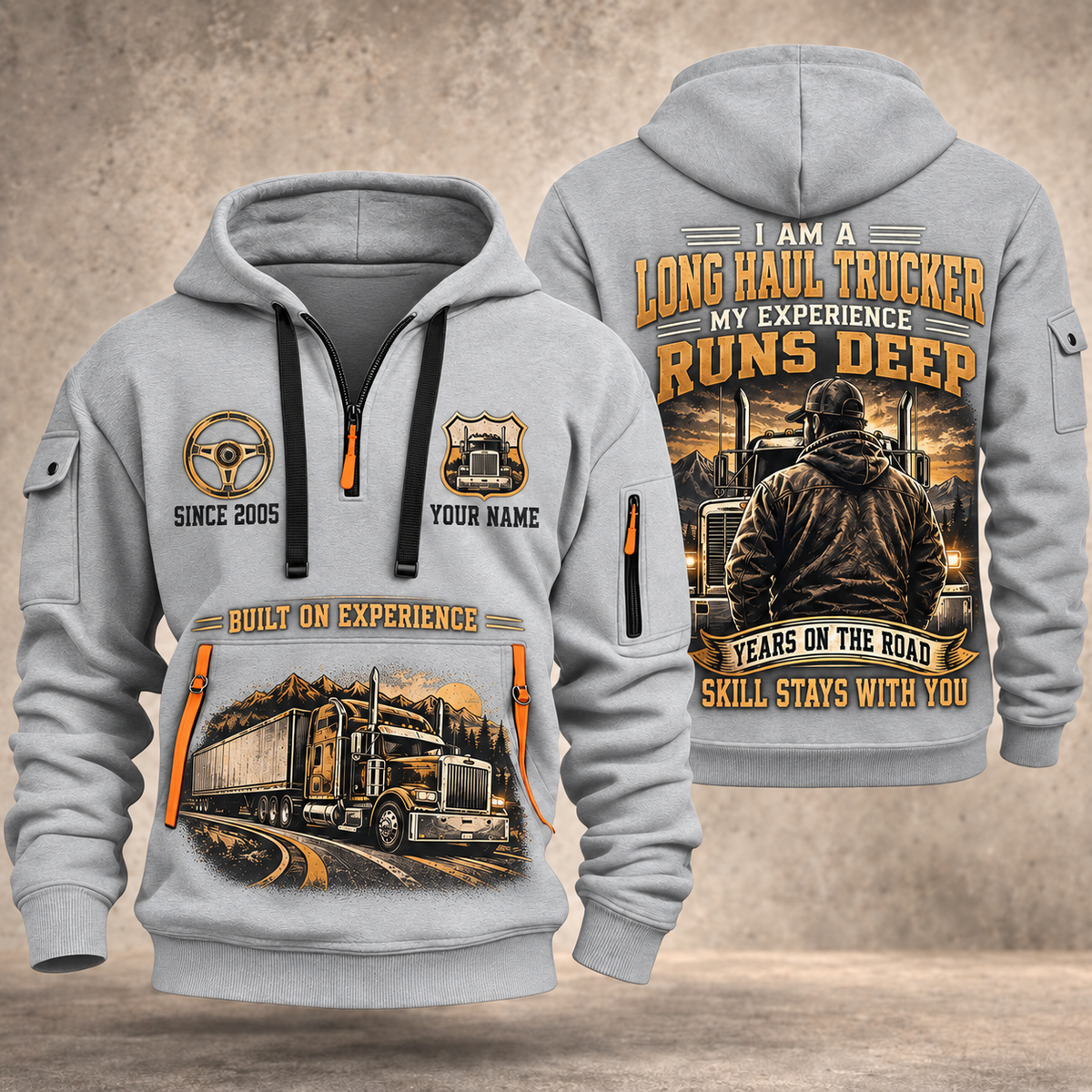 Trucker Miles of Experience quarter-zip hoodie in Light Grey, front and back, YOUR NAME and SINCE 2005 artwork